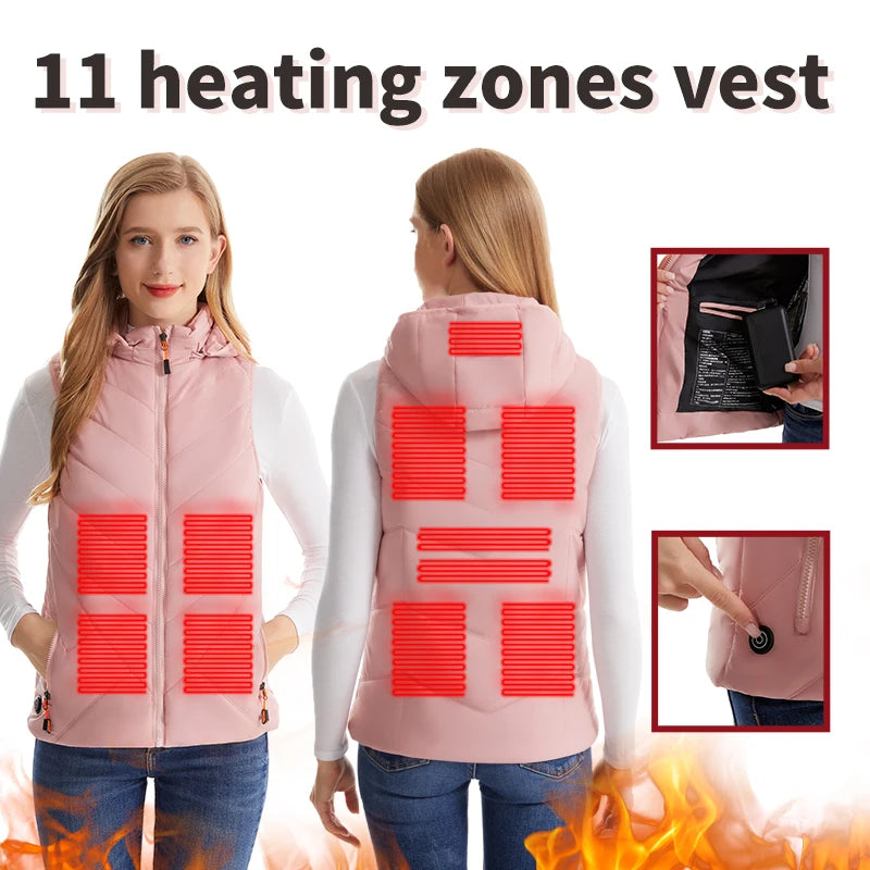 Women's Winter Smart Heated Vest, 11-Zone Heated Vest, USB-Powered Solid-Color Hooded Jacket, Casual, Sports, and Outdoor Warmth