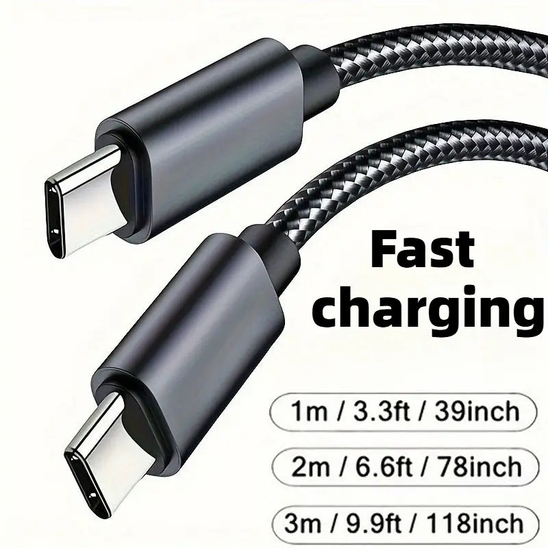 Black braided usb-c fast charging cable with metallic connectors designed for 60w type-c to type-c charging.