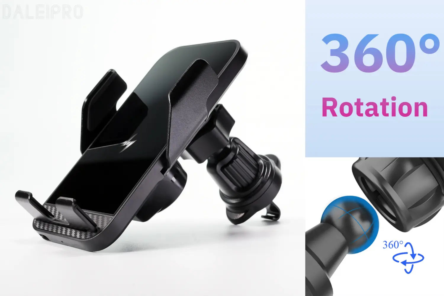Black plastic wireless charger phone holder with auto clamping and 360-degree rotation capability