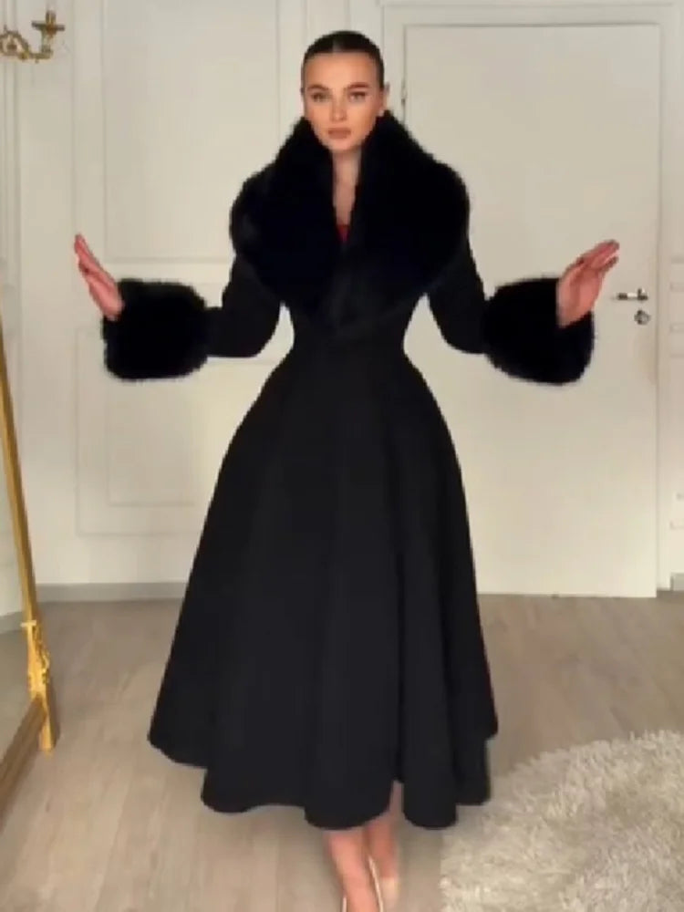 Women Wool Blend Coat Faux Fur Collar And Cuffs Fitted Waist Flared Maxi Silhouette Outerwear Winter Elegant Street Overcoat