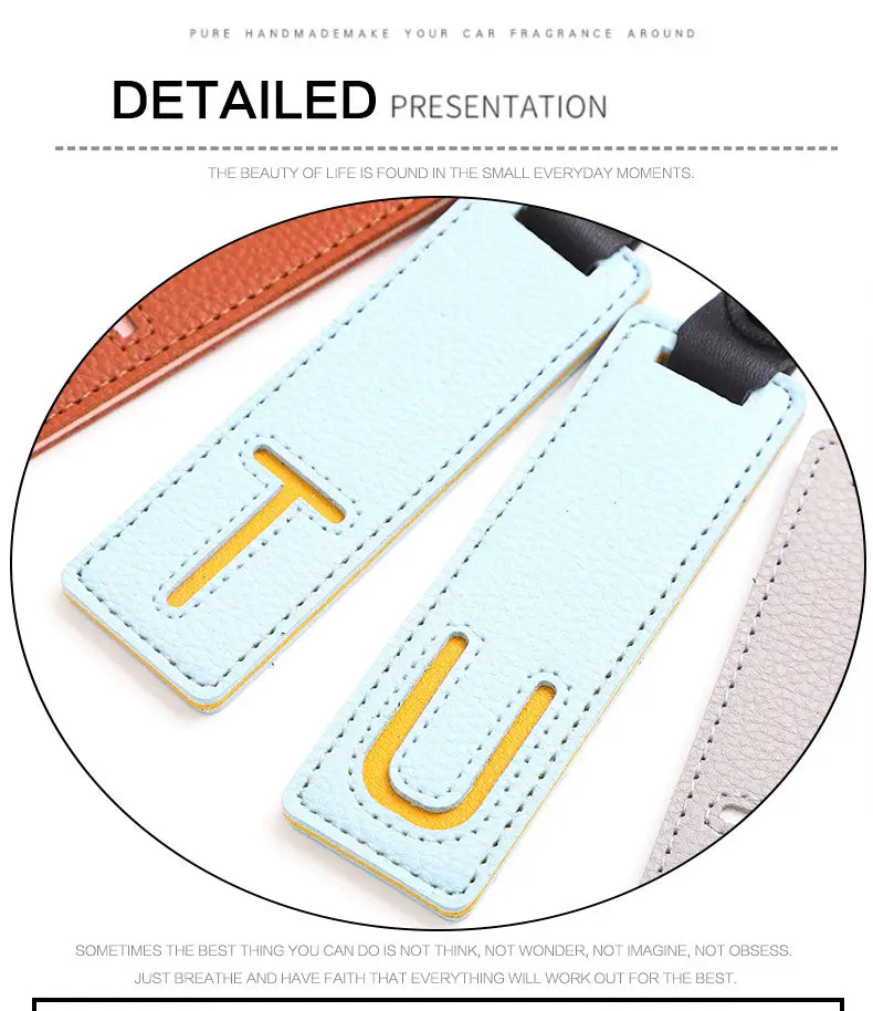 Light blue leather luggage tags with yellow letter cutouts and black fabric straps used as letter keychain leather alphabet pendant party gifts.