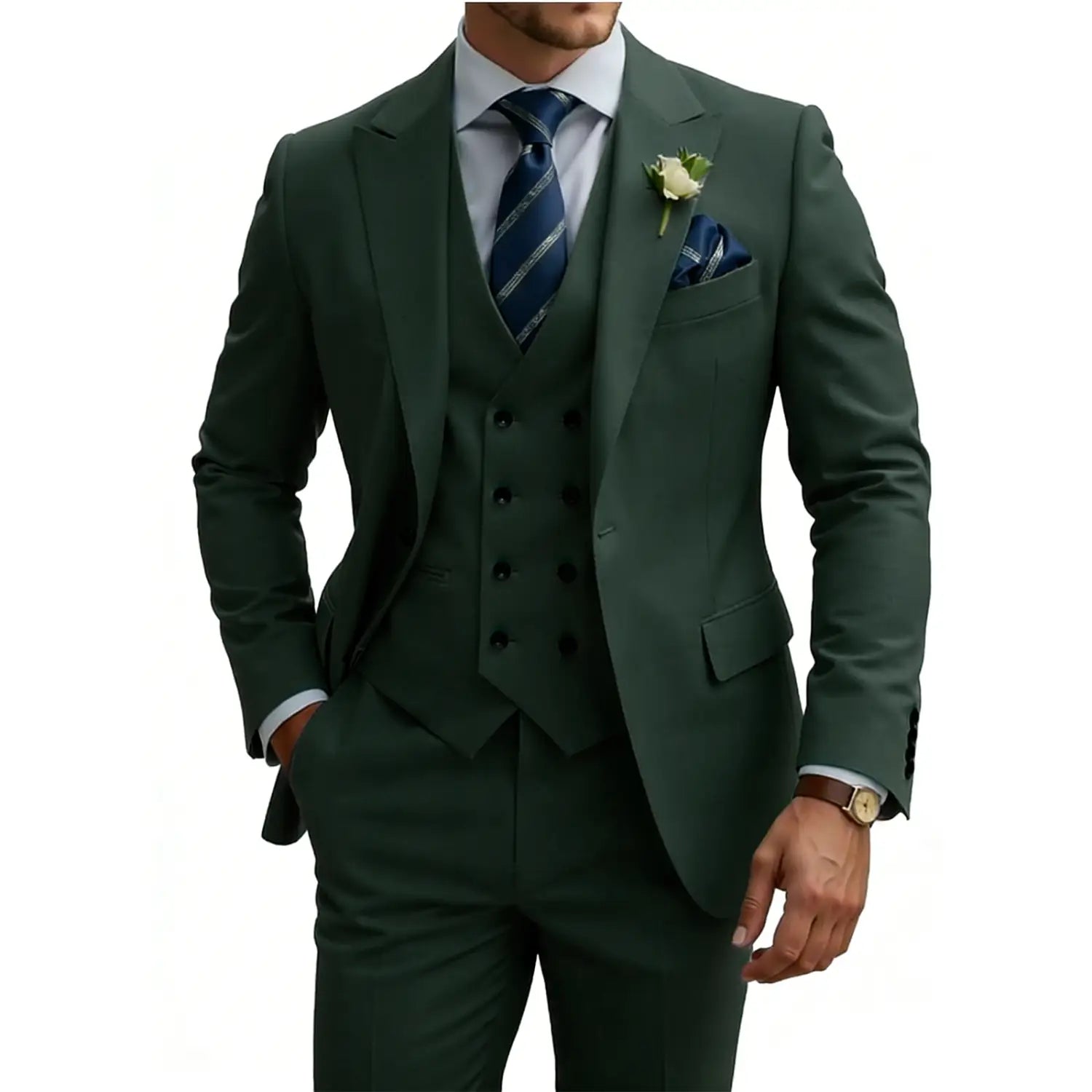 Costume trois pièces beige pour hommes en coupe croisée double boutonnage, avec une veste à coupe taillée vert foncé et un gilet assorti.