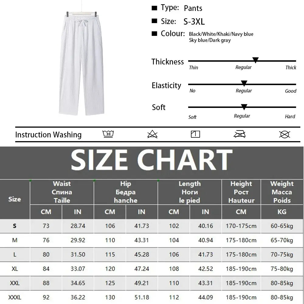 weiße, lockere Leinenhose für Herren mit elastischem Bund und Kordelzug aus dem Herren-Leinen-Zweiteiler für den Sommer