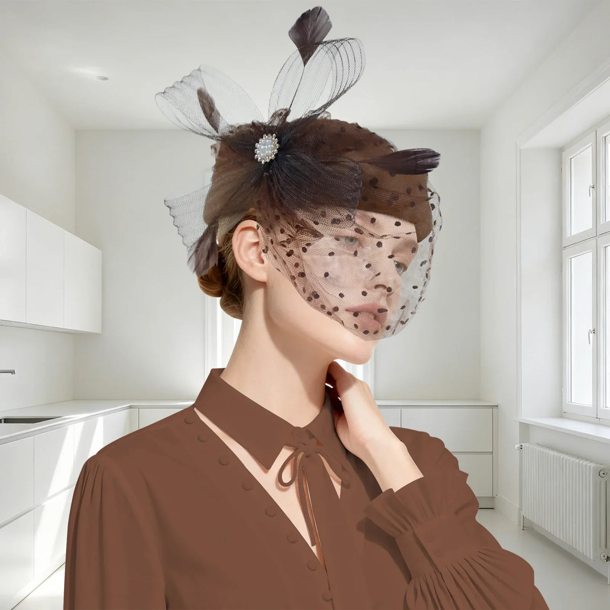 Women Bridal Fascinator with Feathers Dot Print Veil Elegant Pillbox Hats for Tea Party Wedding Church Fedoras Headscarf Bonnet