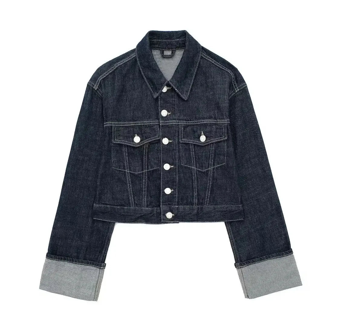 HH Women Fashion Denim Set Casual Lapel Long Sleeve Crop Jacket Buttons Female Vintage Wide Leg Loose Jeans Long Pants
