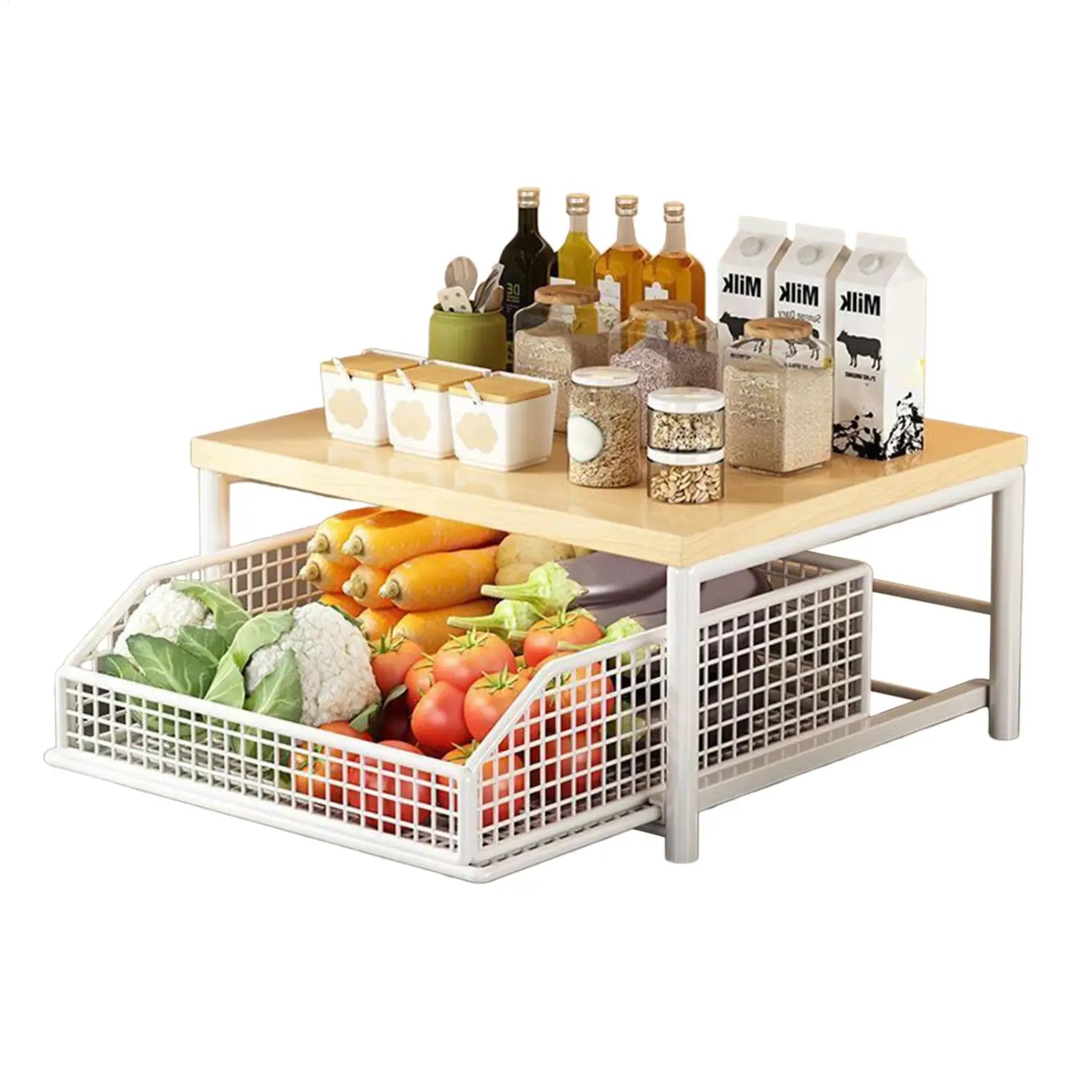木製天板とワイヤーメッシュの引き出しを備え、新鮮な野菜を入れて使用できる、白い2段式キッチンカウンタートップ整理オーガナイザー。キッチン収納用です。