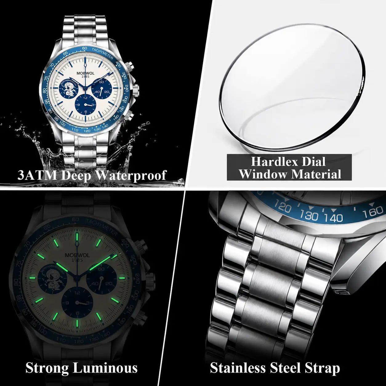 Herren-Silber-Chronograph-Quarzarmbanduhr aus Edelstahl mit weißem Zifferblatt, blauen Lünettenakzenten und leuchtend grünen Zeigern.