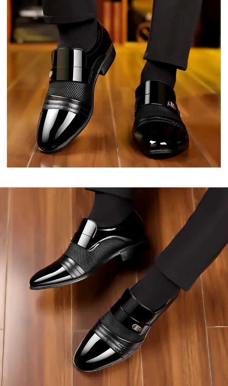 Zapatos de vestir de punta afilada de lujo para hombre en charol negro y malla, con puntera brillante y acentos de hebilla metálica.