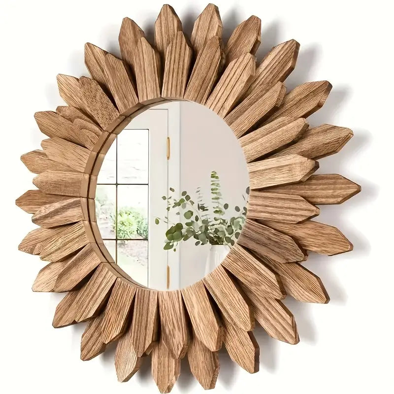 Miroir mural rustique en bois de tournesol pour le salon, présentant un miroir haute définition à finition naturelle en chêne, avec un cadre de miroir à l’aspect de pétales.