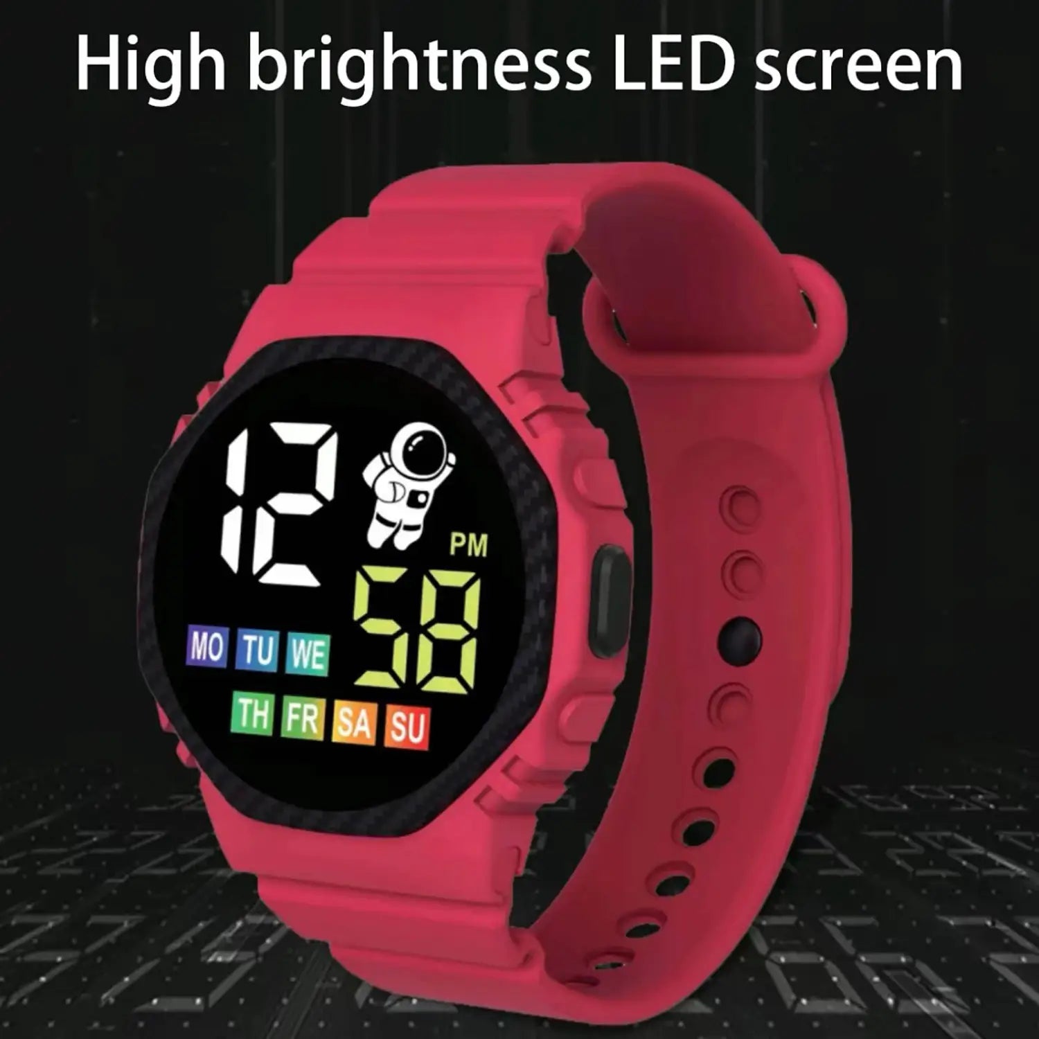 Vibrant pink kids waterproof led digital astronaut watch with a high brightness led screen displaying time and day and featuring an astronaut icon on the display.