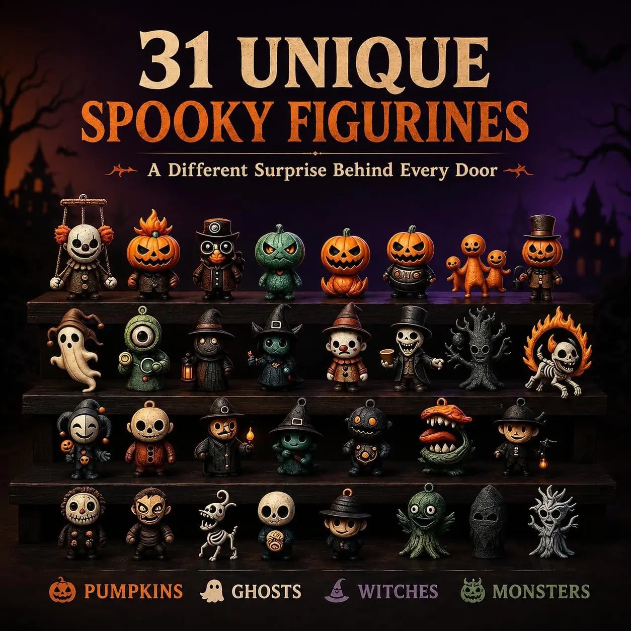 a halloween advent calendar containing 31 mini spooky figurines intricately designed with halloween-themed characters such as pumpkins, ghosts, witches, and monsters in various colors including orange, black, green, white, and brown