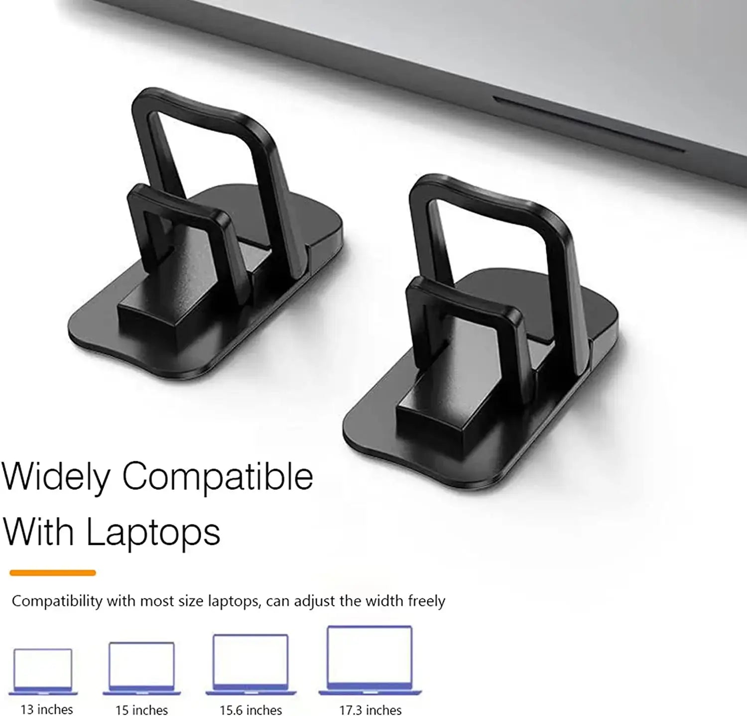 Black plastic portable foldable laptop stand with adjustable width for compatibility with most sizes