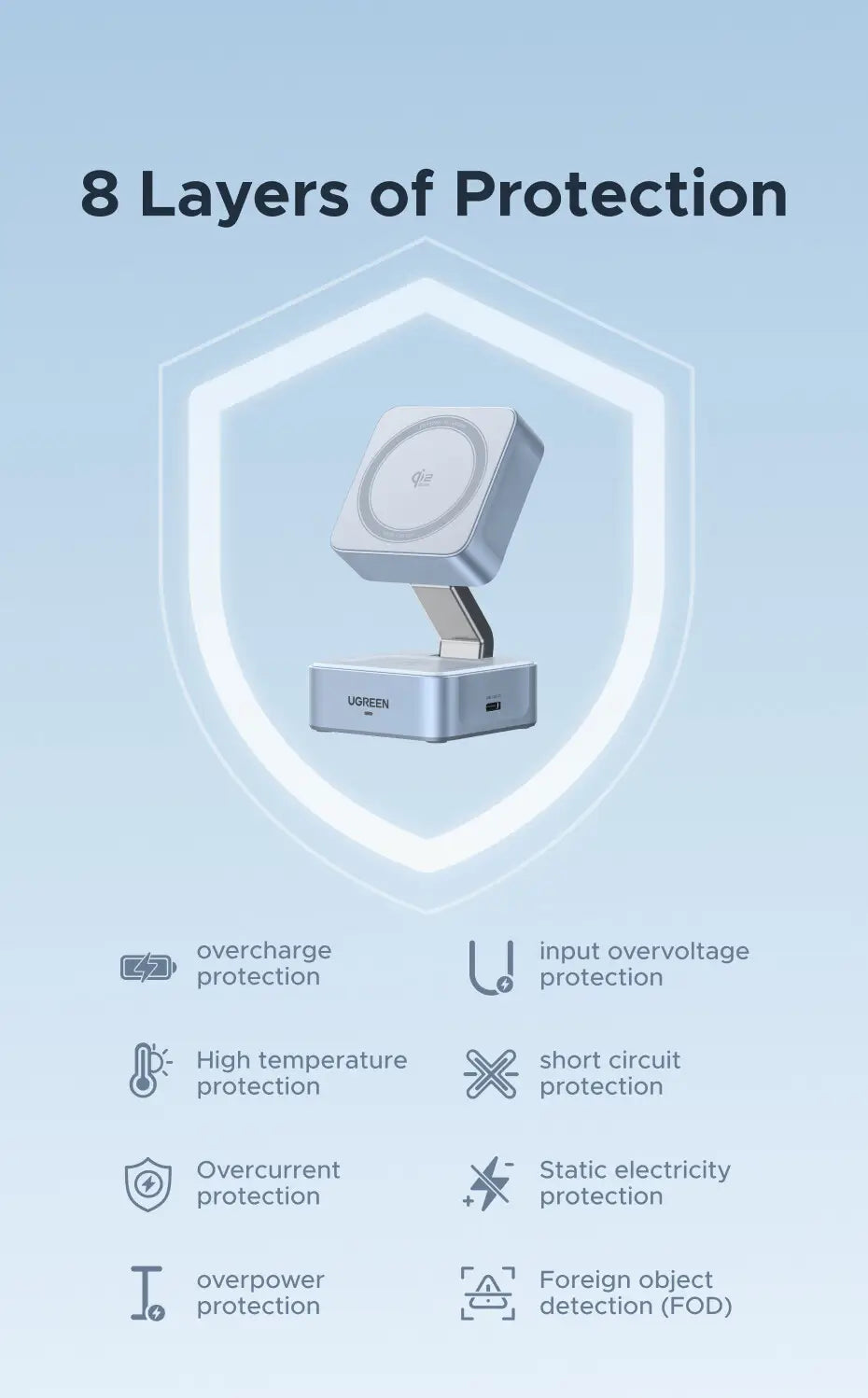 Silberner Ugreen magnetischer kabelloser Ladegeräte-Ständer für iPhone mit elegantem modernem Design, verstellbarem Arm und kabelloser Ladefunktion