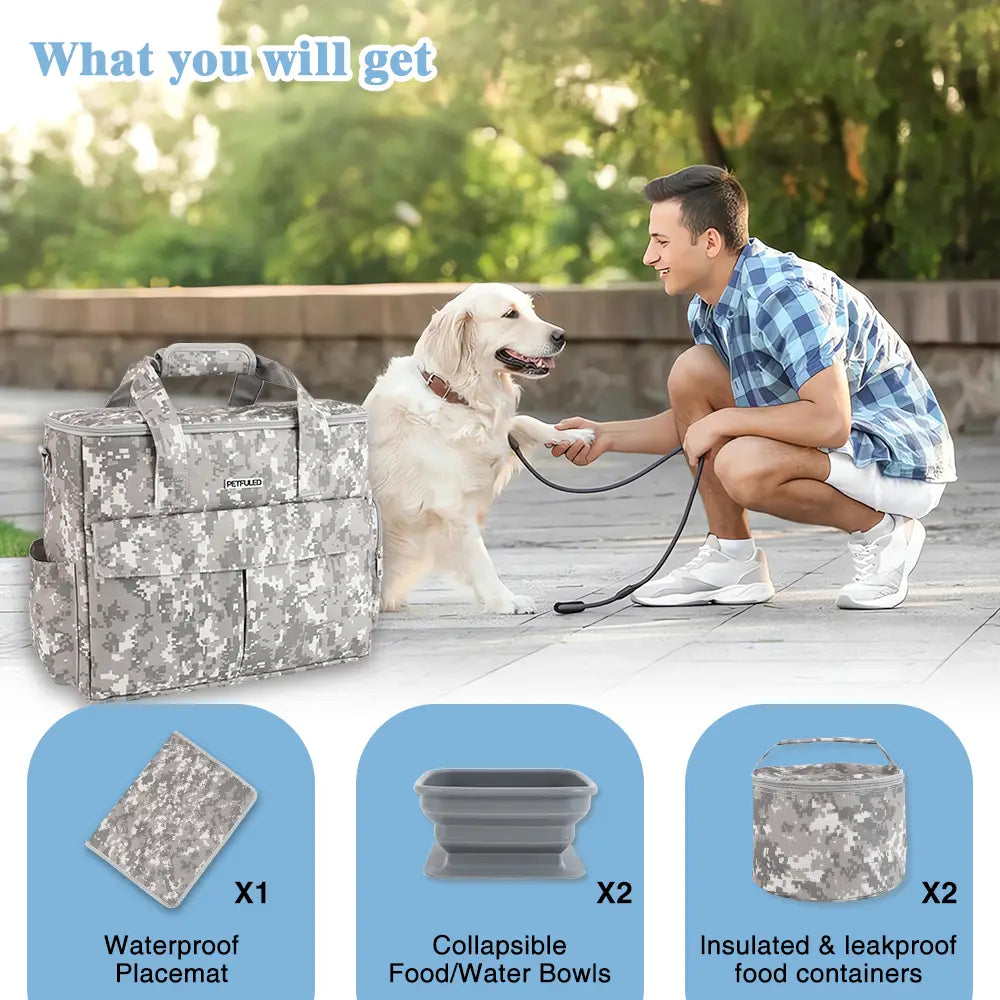 Sac de voyage pour chien au motif camouflage numérique gris doté d’une fermeture éclair, conçu pour un transport sécurisé de l’animal.