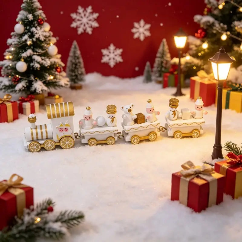 Eine Tischdekoration aus weißem und goldenem Holz als Weihnachtszug mit Miniatur-Schneemännern als Fahrgäste.