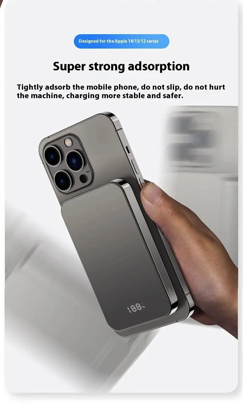 Silberne rechteckige magnetische Powerbank 20000 mAh mit schnellem Laden, Ladepad für das Telefon, mit elegantem minimalistischen Design und dezenter 189+-Kennzeichnung