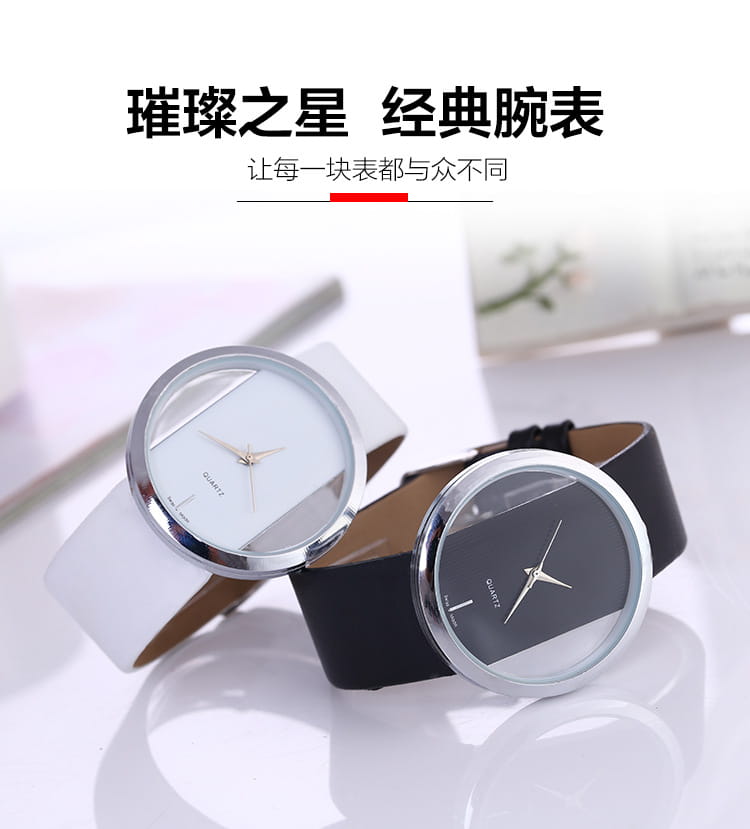 Silver-cased women luxury leather quartz watches with minimalist white and black transparent dial faces paired with matching leather straps.