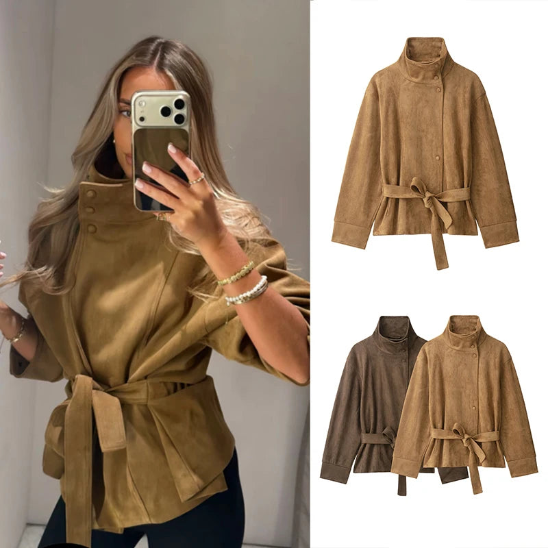 Women's Suede-Look Jacket, Loose Long Sleeve Belted Coat, Casual Commuter Autumn and Winter Jacket