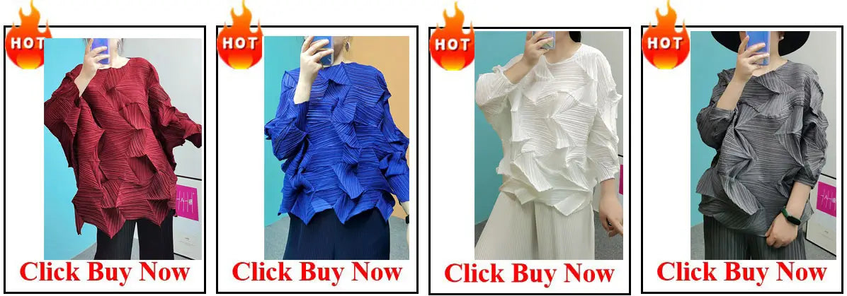 The image displays four ruffled blouse tops in different colors with a pleated or layered design paired with a purple satin two piece set featuring wide leg pants.