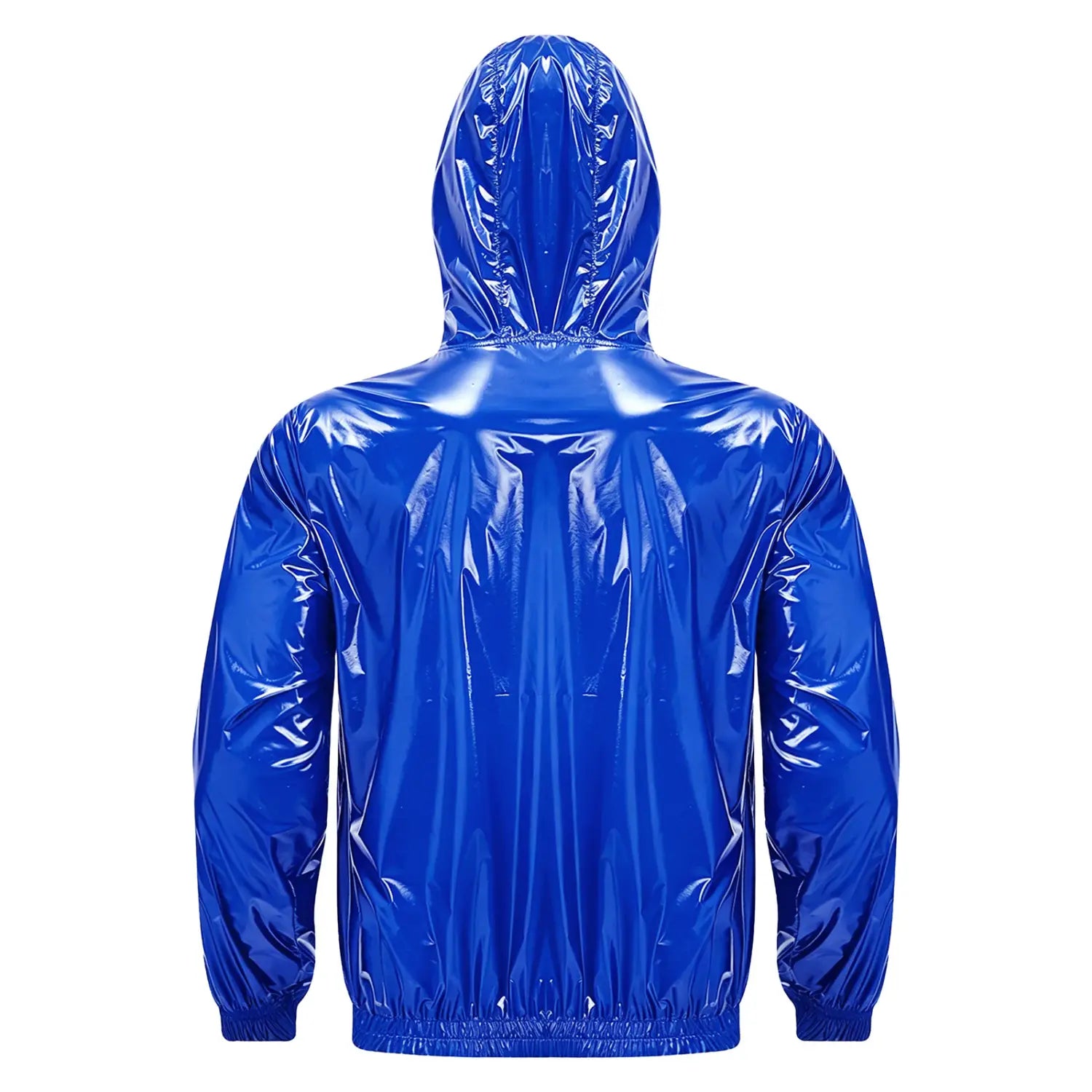 A men waterproof hooded windbreaker jacket in shiny royal blue with a glossy reflective finish and elastic cuffs.