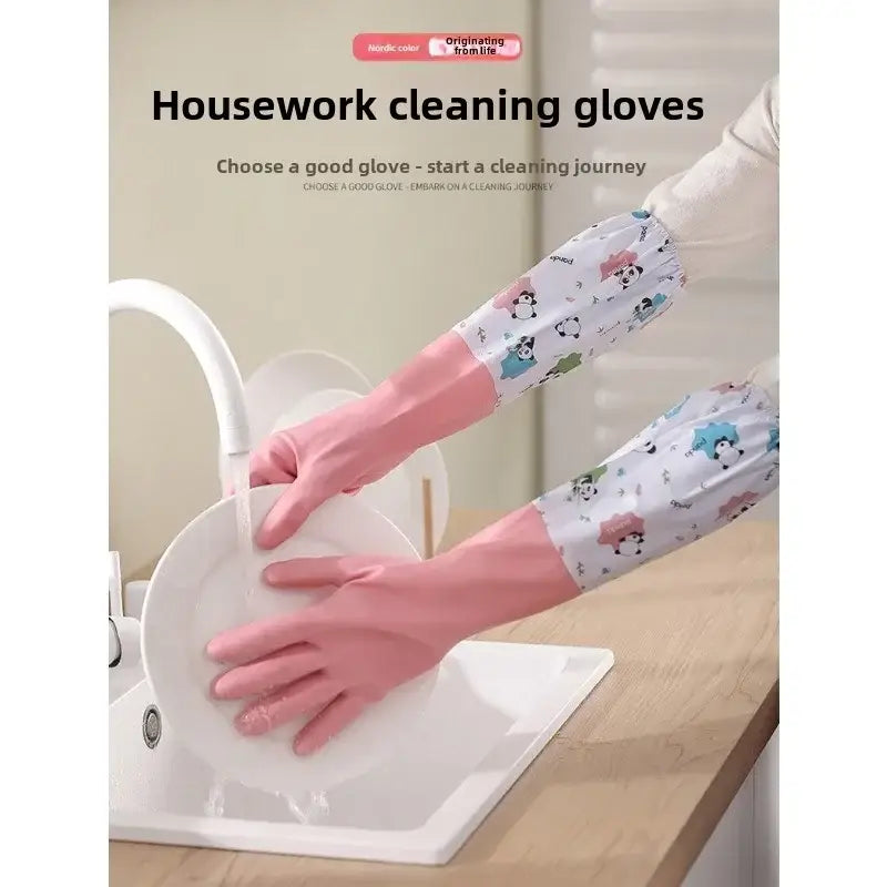 Pink rubber waterproof kitchen gloves for cleaning featuring a white cuff with a cartoon panda pattern.