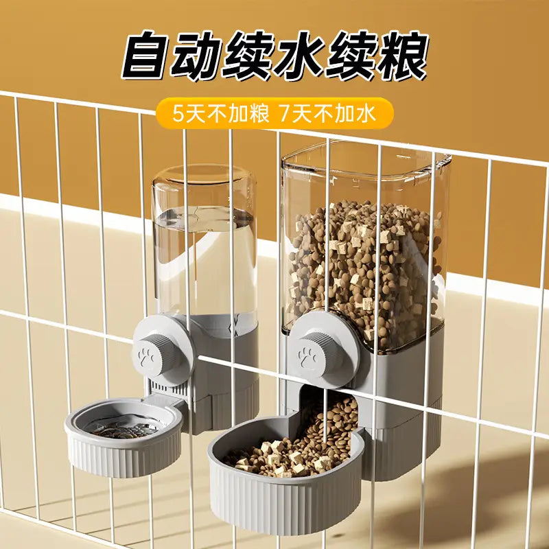 Gray automatic water dispenser feeder with transparent cylindrical containers mounted on a wire cage for pet use