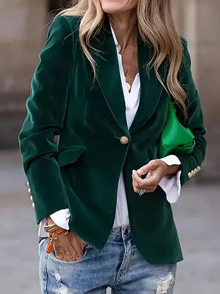 Elegant Velour Blazers Women Retro Single Button Suit Collar Jacket Blazer Coat 2025 Autumn Long Sleeve Simple Fashion Outerwear
