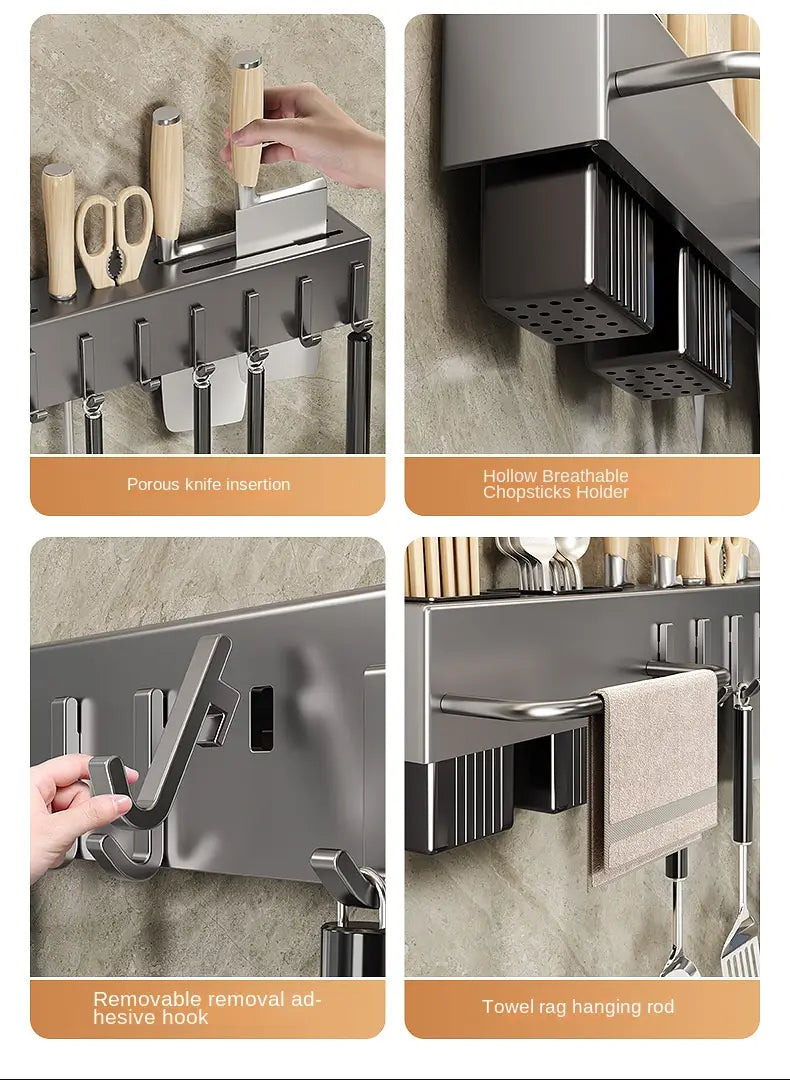 Modern matte black metal wall mounted kitchen utensil holder and knife rack with multiple hooks, a chopstick holder, and towel rack for organized storage.