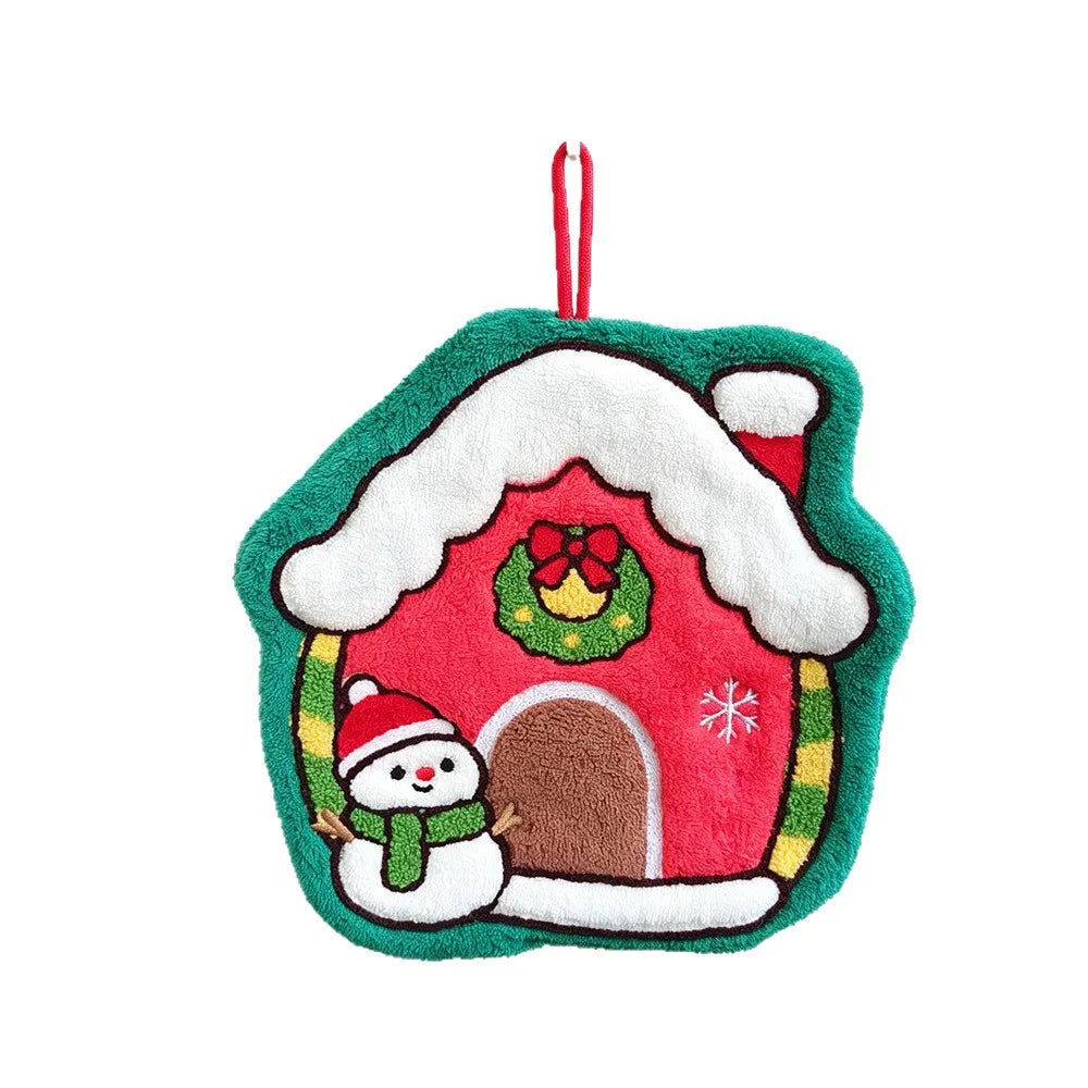 Christmas Decor Hanging Hand Towel House Snow Globe Design Soft Coral‑Fleece Absorbent Holiday Kitchen Towels Decor for Bathroom