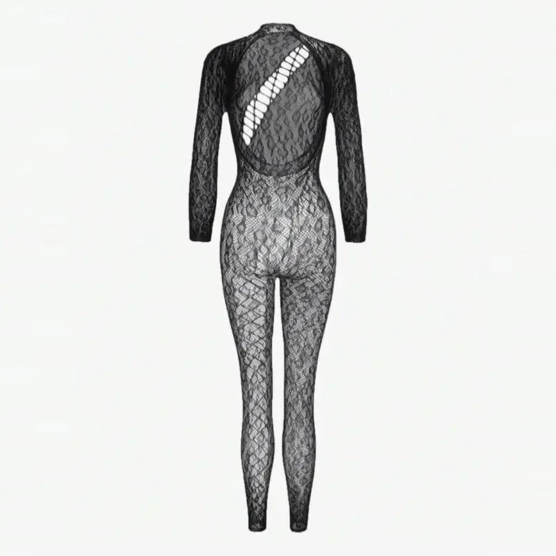 black lace long sleeve bodysuit shown from the back with a diagonal white mesh panel across the black lace material