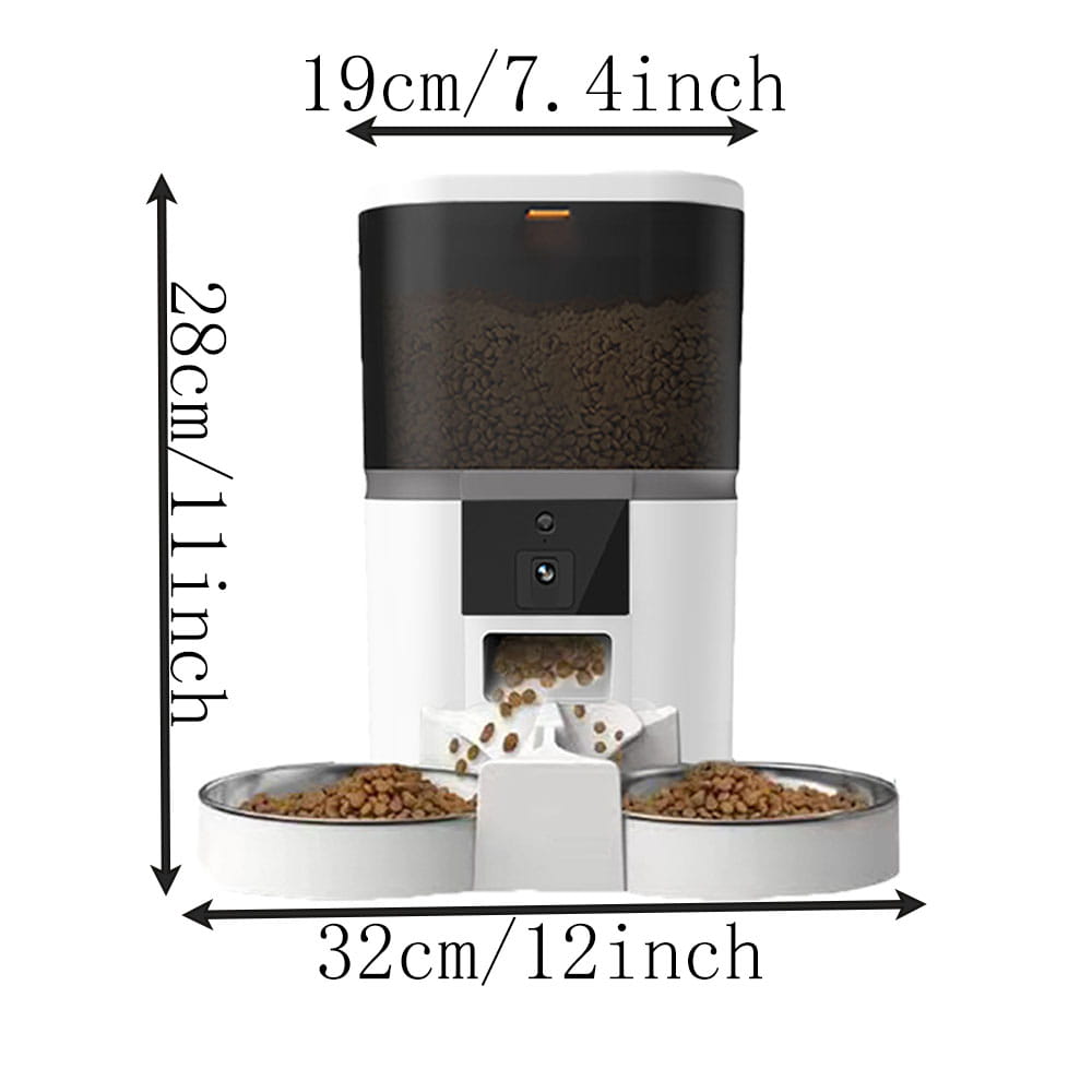 White and black smart dual pet feeder with hd camera and app control featuring two stainless steel bowls for meal video monitoring and automated feeding product description.