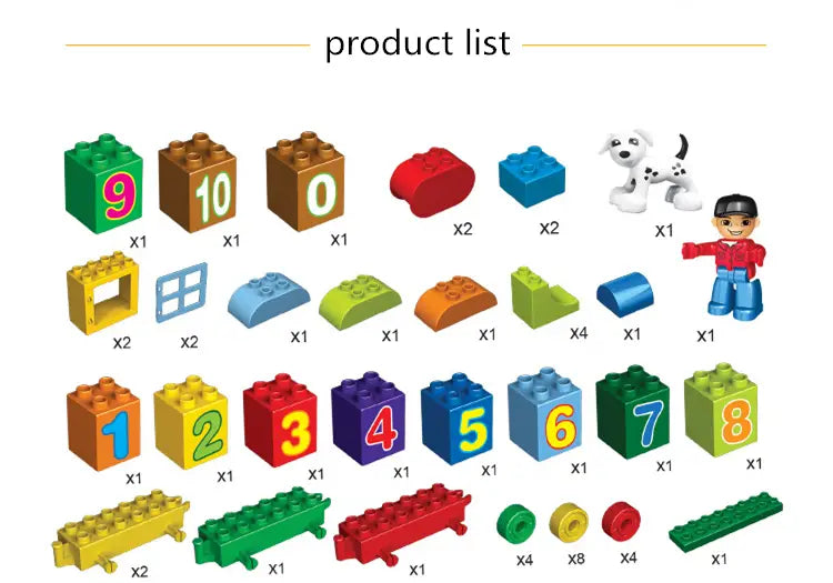Colorful plastic building blocks with numbers and shapes including a dalmatian dog figure from the puzzle digital train building block set 188-22-s.