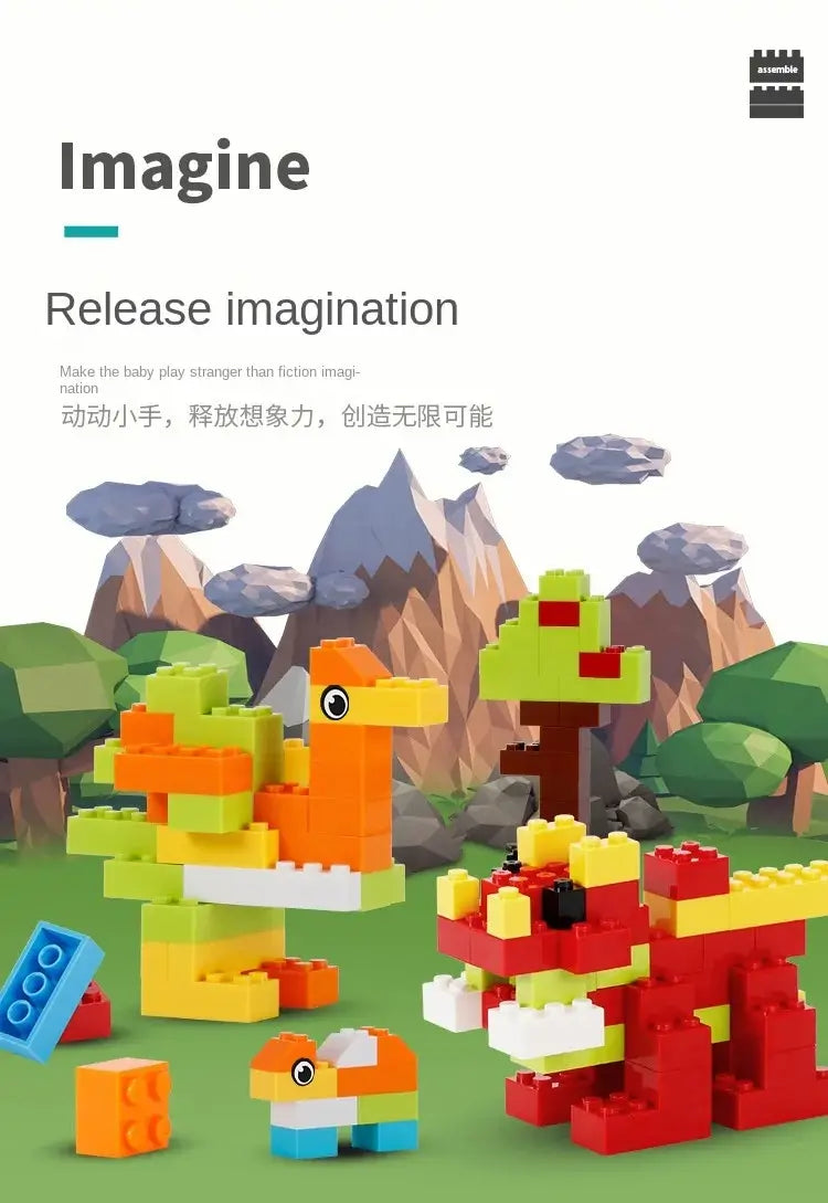 des éléments de construction créatifs de type DIY aux couleurs vives, sous forme d’ensemble en gros, pour former des figurines animales pixelisées ludiques, avec un arrière-plan de montagne stylisée, pour les enfants.