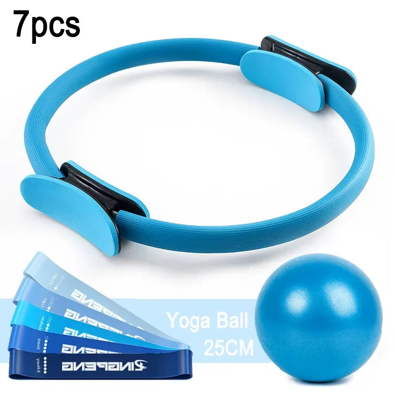 7Pcs/Set Pilates Ring Set, Magic Circle, Explosion-Proof Pilates Mini Ball, High Elastic Resistance Band, Yoga Wheat Tube Bal