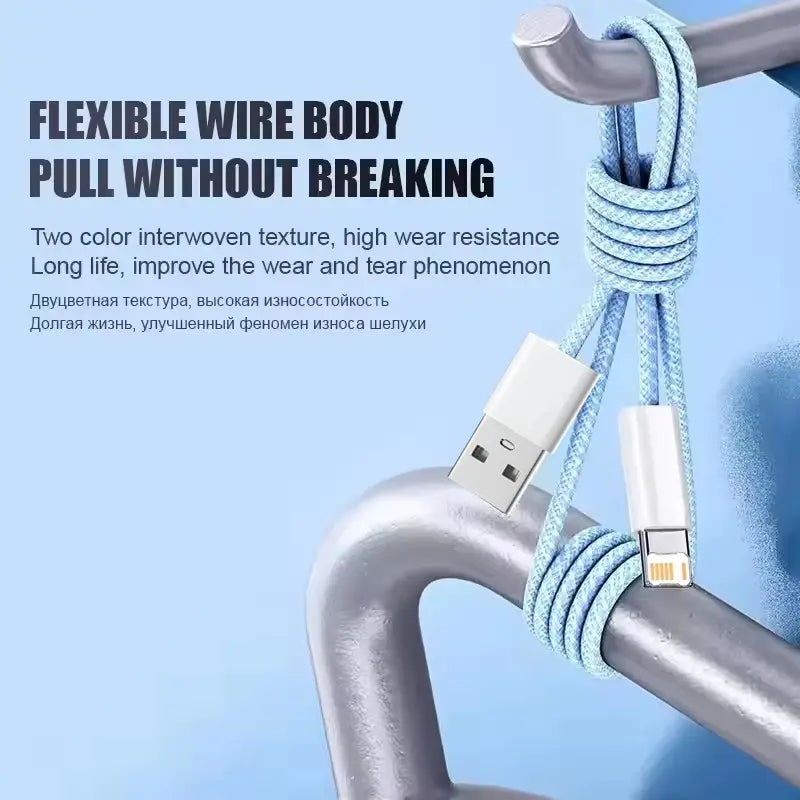 Light blue braided usb lightning cable with white usb-a connector and silver lightning connector for 20w fast charging.