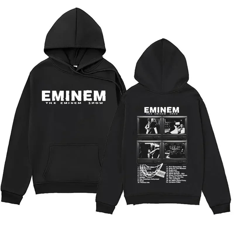 black hoodie with white eminem the eminem show text and four panel graphic featuring tracklist details on the back