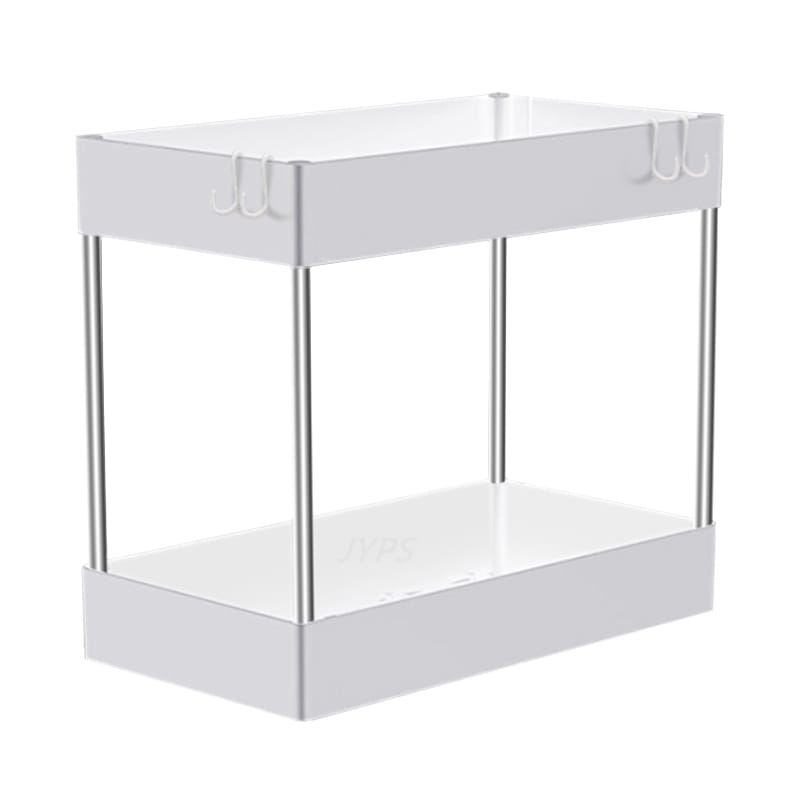 Organisateur d’évier à deux niveaux de couleur blanche, rangement sur deux étages, avec pieds en métal argenté et crochets sur l’étagère supérieure, pour le rangement de placard de cuisine et de salle de bain