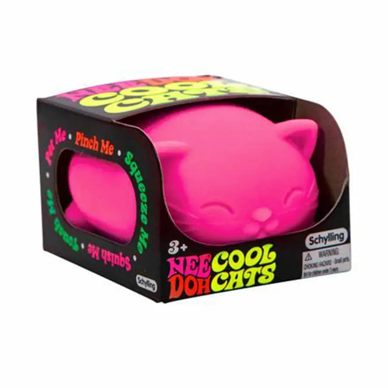 A vibrant pink needoh squishy cat sensory fidget toy with quick rebound in a black box featuring neon green and yellow text.