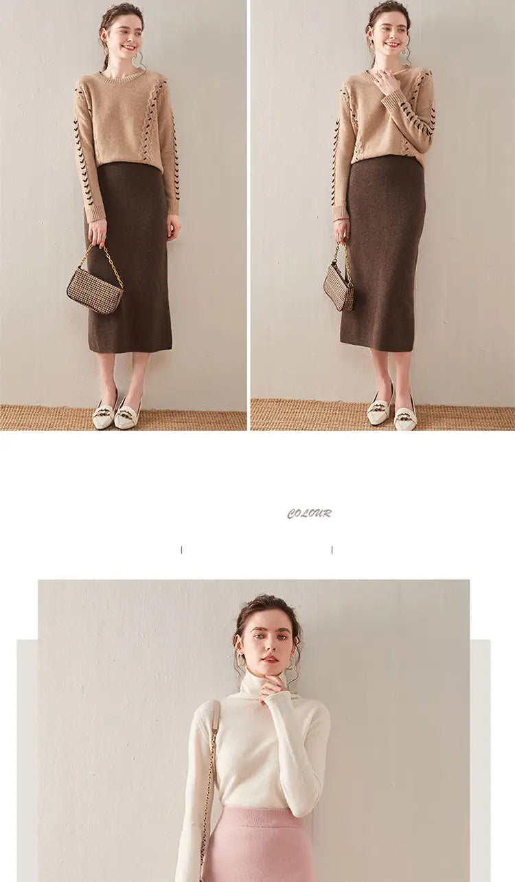 beige knit sweater with black and beige geometric patterned sleeves paired with a wool knit midi skirt high waisted pencil skirt.