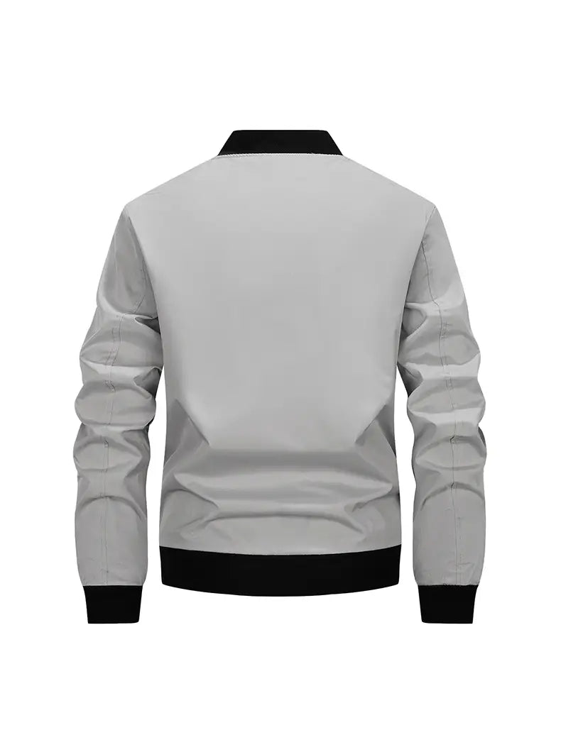 gray waterproof hiking jacket for men windbreaker with black ribbed collar cuffs and hem designed for autumn outdoor activities