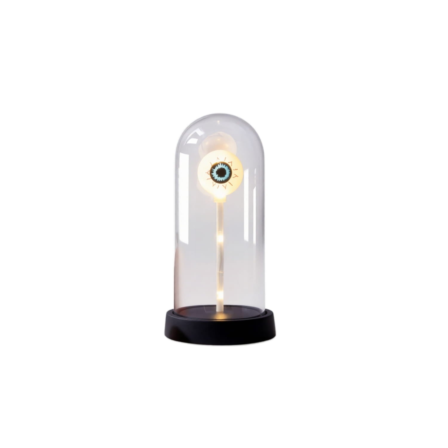 a halloween lights decorations glass dome eye lamp featuring a glowing stylized eye with a blue iris and black pupil on a slender stem inside a clear glass dome with a black base