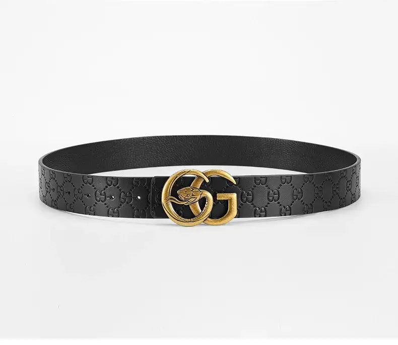 Black leather men’s belt with gold-tone interlocking gg buckle featuring a snake design.
