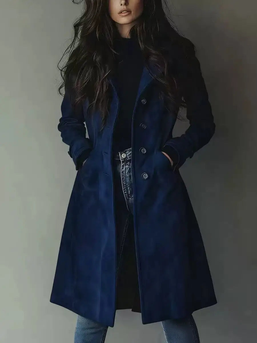 Elegant Suede Long Trench Women Coat Vintage Pocket Single Breasted Long Sleeve Outerwear Windbreaker Fall Outdoor Female Jacket