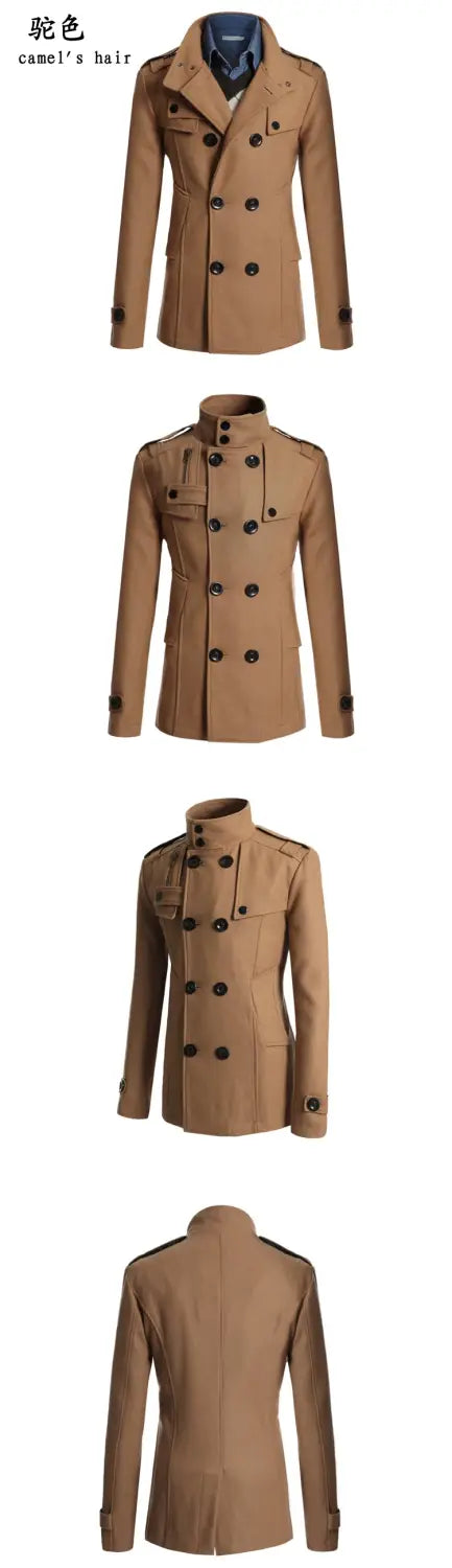 Manteau en laine camel beige croisé deux rangées pour hommes, avec boutons noirs et pattes d’épaule.