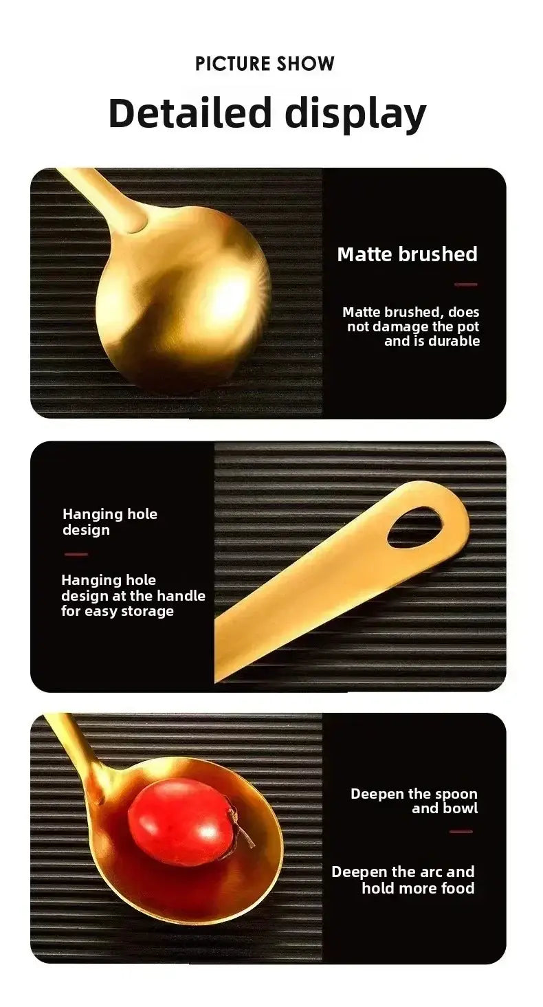 Gold matte brushed stainless steel spoon with a hanging hole and deepened bowl for holding more food from the gold kitchen utensil set stainless steel cooking tools.