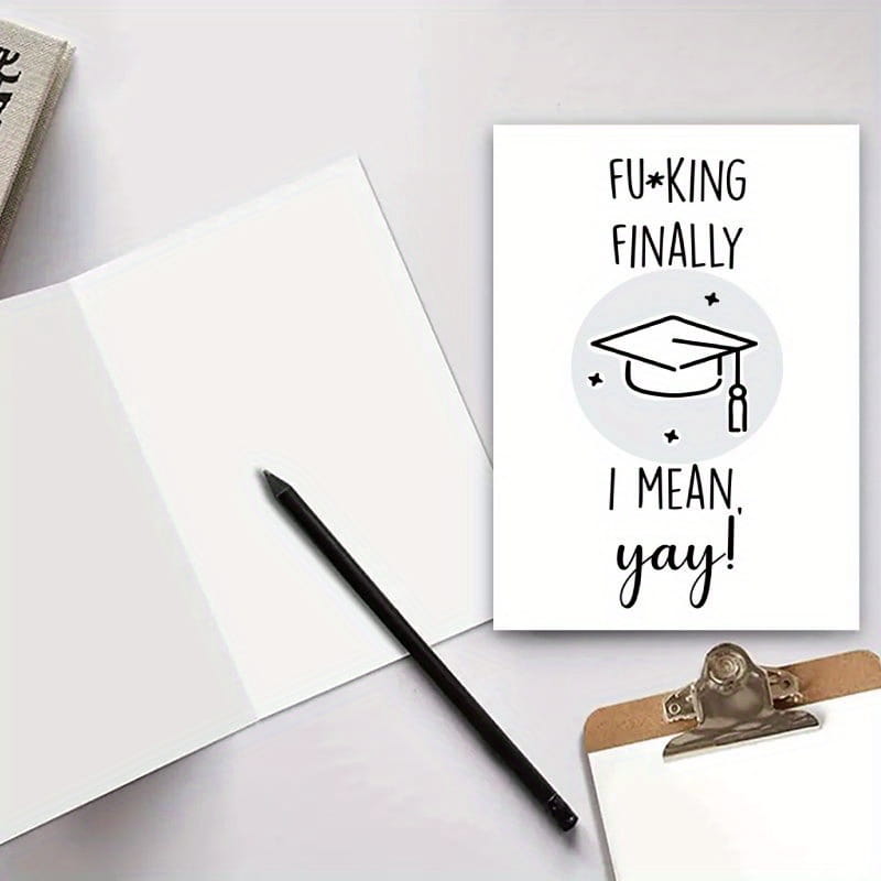 White funny graduation card for him and her featuring black text and a minimalist illustration of a graduation cap inside a gray circle.