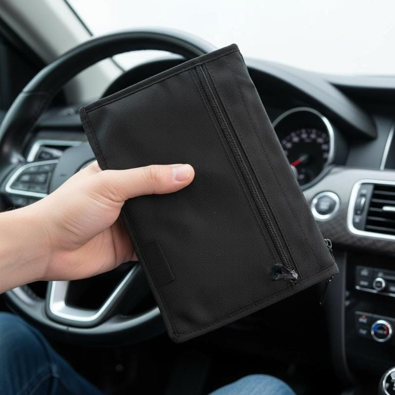 Schwarze Nylontasche für Autodokumente mit Reißverschlussverschluss und kleinem Frontfach zur sicheren Aufbewahrung