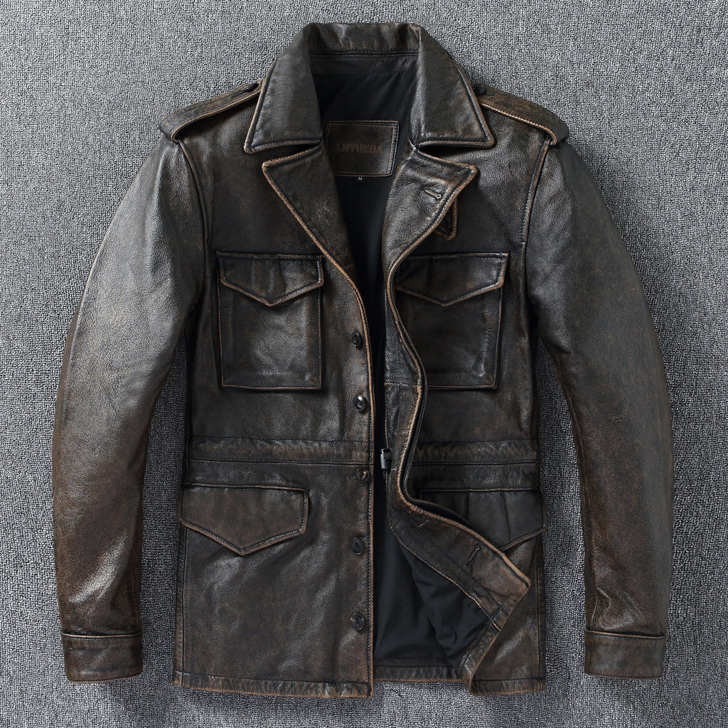 Classic M43 Trench Coat Cowhide Military Genuine Leather Jacket Medium and Long Multi-pocket Mens Vintage Leather Jacket