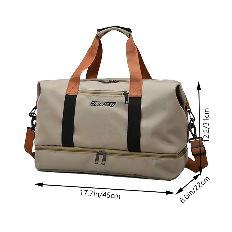 Sac de sport de voyage Beichao en matériau Oxford, weekender, sac cabas/duffle de fitness, beige et noir, avec accents en cuir camel et tissu Oxford durable.
