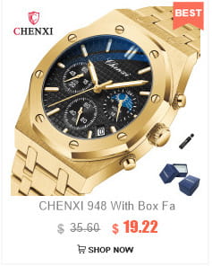 Gold-tone stainless steel chronograph Megir military quartz watch with dark blue dial three sub-dials and chenxi brand logo on the bezel.